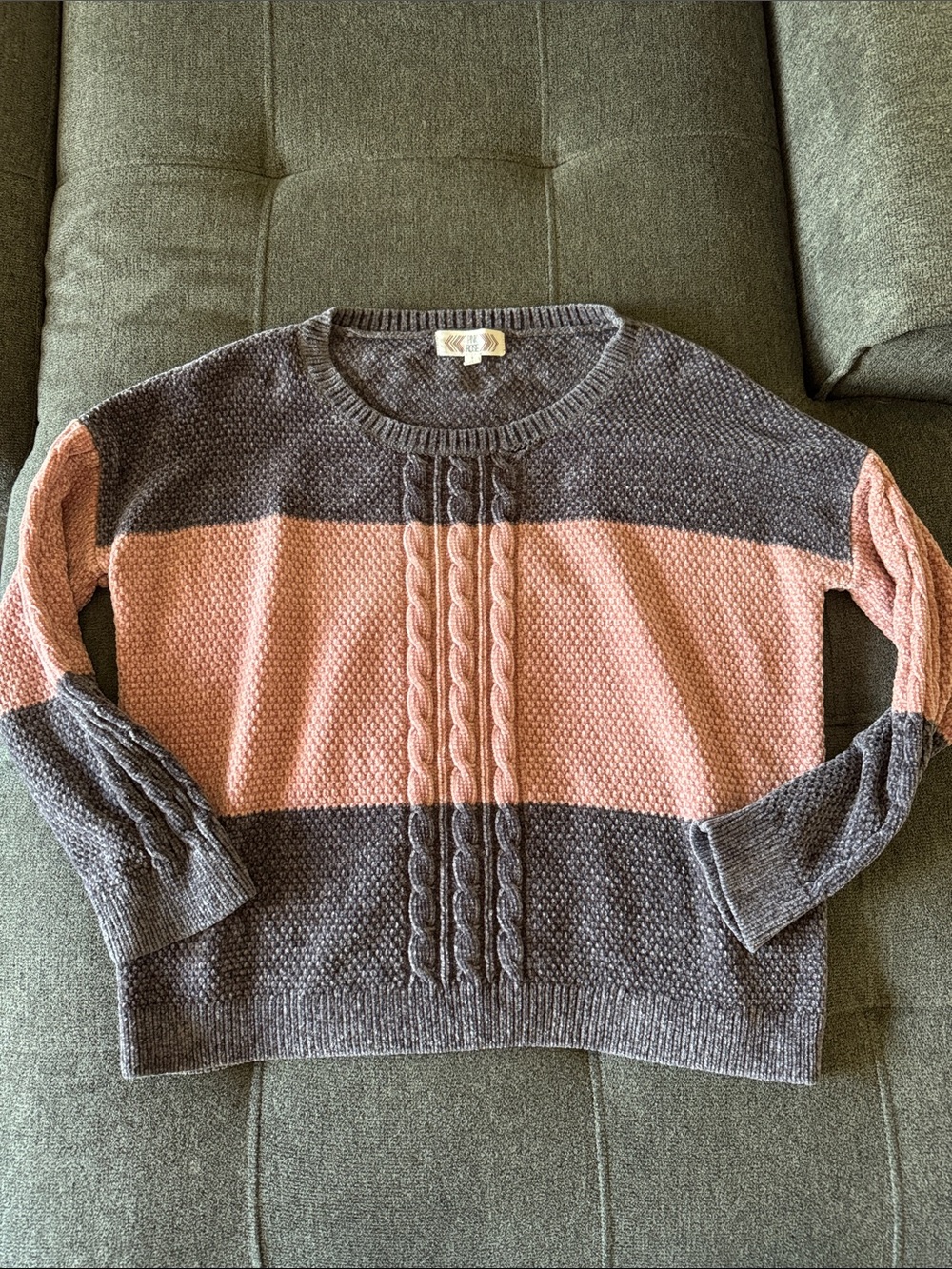 Pink Rose Pink and Gray Striped Cable Front Sweater